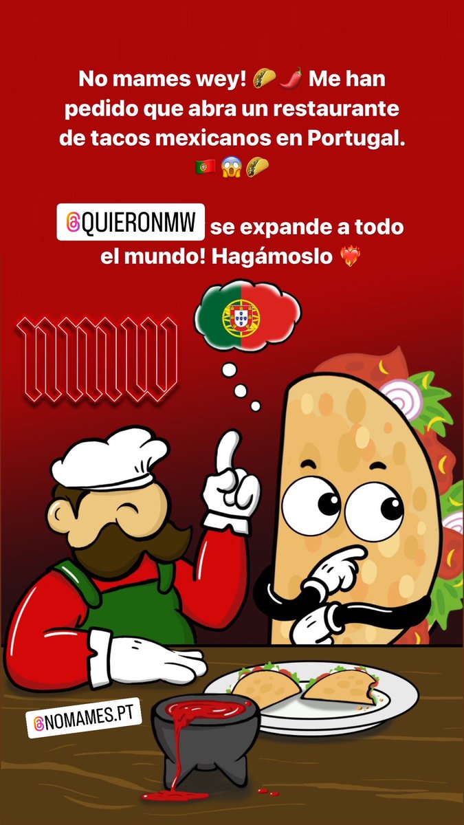 Soytacoman's tweet photo. No mames wey! 🌮🌶️ Me han pedido que abra un restaurante de tacos mexicanos en Portugal. 🇵🇹😱🌮  @quieronmw se expande a todo el mundo! Hagámoslo ❤️‍🔥
#NoMamesWey #TacoMan #Tacos https://t.co/tzhfTfIpYZ