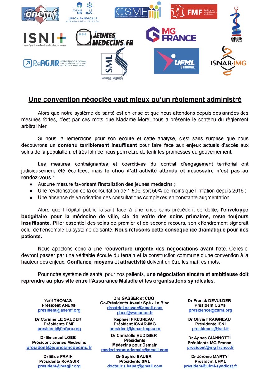 Suite à l’annonce du règlement arbitral concernant les médecins libéraux 
➡️ Communiqué de presse intersyndical :
<a href="/ANEMF/">ANEMF</a> <a href="/Avenir_Spe/">AVENIR SPÉ</a> <a href="/CSMF_officiel/">CSMF_officiel</a> <a href="/FMFofficiel/">FMF_Fédération des Médecins de France</a> <a href="/MedPourDemain/">Médecins Pour Demain</a> <a href="/ISNItwit/">ISNI - InterSyndicale Nationale des Internes</a> <a href="/JeunesmedecinsF/">Jeunes Médecins</a> <a href="/MG_France/">MG FRANCE</a> <a href="/ReAGJIR/">ReAGJIR</a> <a href="/LE_SML/">SML</a> <a href="/UFMLSYNDICAT/">UFML SYNDICAT - syndicat de médecins libéraux</a> <a href="/ISNARIMG/">ISNAR-IMG</a>
