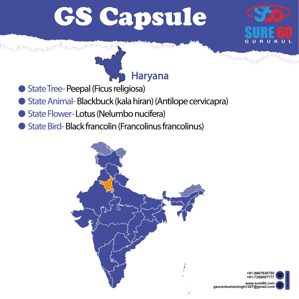 Sure60online's tweet image. GS Capsule 
#sure60 #gurukul #gauravsir #details #GS #SSCCGL #chsl #genralstudies #gk #staticgk #prepration #exam #paper #government #emblem #State #Animal #Bird #Tree #Flower #Fruit  #Peepal #Blackbuck #Lotus #Blackfrancolin #हरियाणा #Hariyana