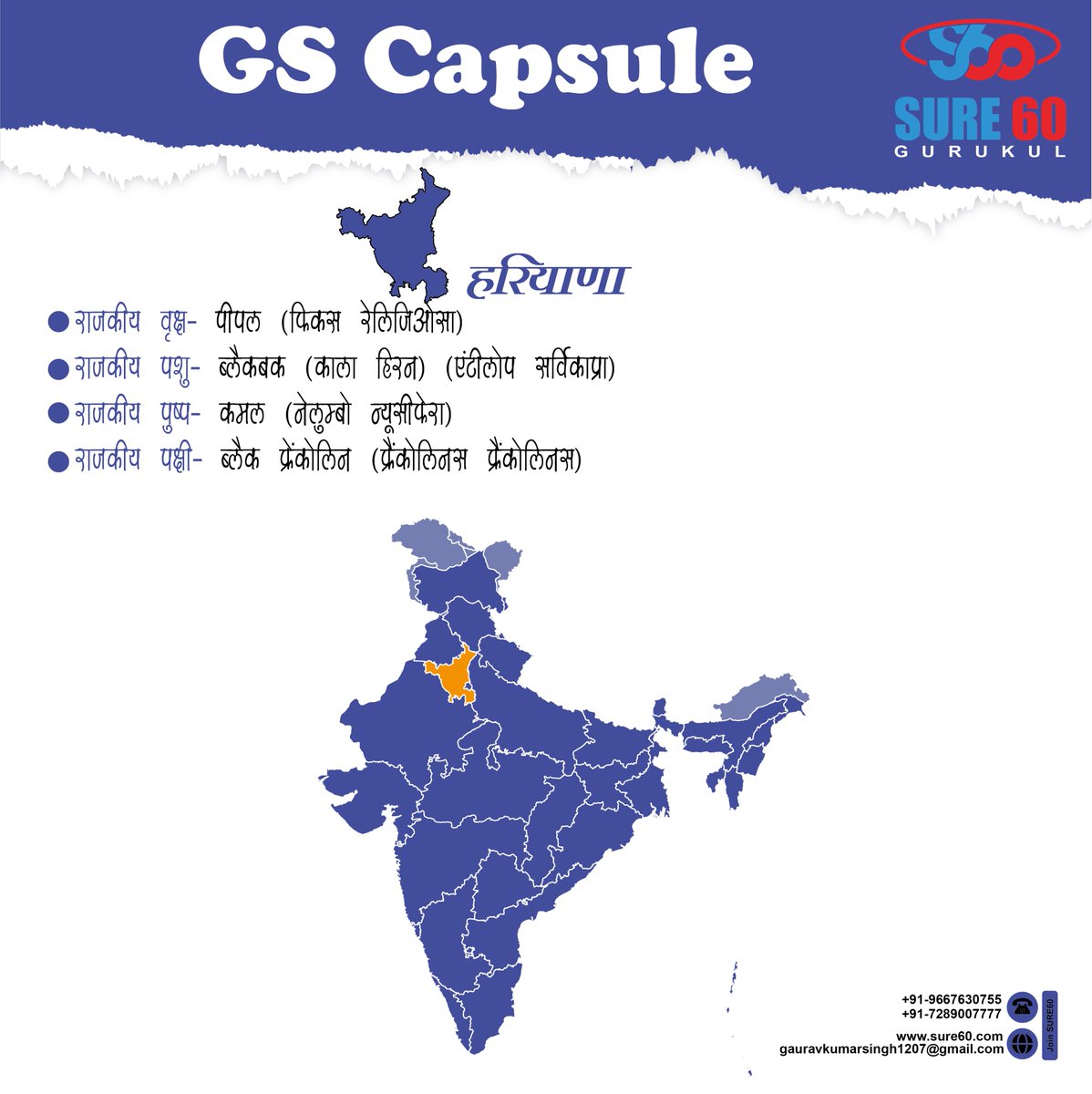 Sure60online's tweet image. GS Capsule 
#sure60 #gurukul #gauravsir #details #GS #SSCCGL #chsl #genralstudies #gk #staticgk #prepration #exam #paper #government #emblem #State #Animal #Bird #Tree #Flower #Fruit  #Peepal #Blackbuck #Lotus #Blackfrancolin #हरियाणा #Hariyana