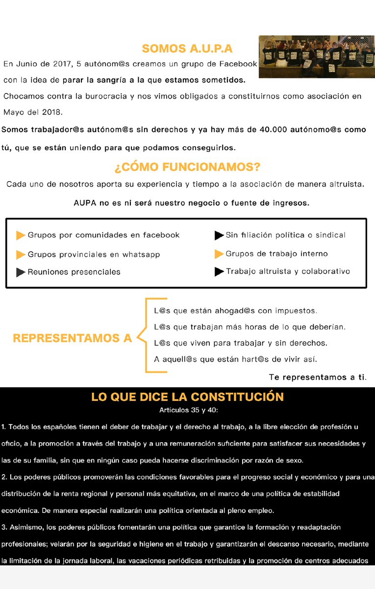 AUPA_Autonomos's tweet photo. ¿Y si todos los autónomos nos unimos? 

📋 Algunas cuestiones que nos definen:

- Somos autónomos de a pie.
- Apartidismo.
- Trabajamos de forma altruista.
- No tenemos subvenciones; lo cual nos hace libres.
- No excluimos a nadie.
- Tenacidad; insistiremos hasta conseguirlo. https://t.co/XER3Ghpmsq