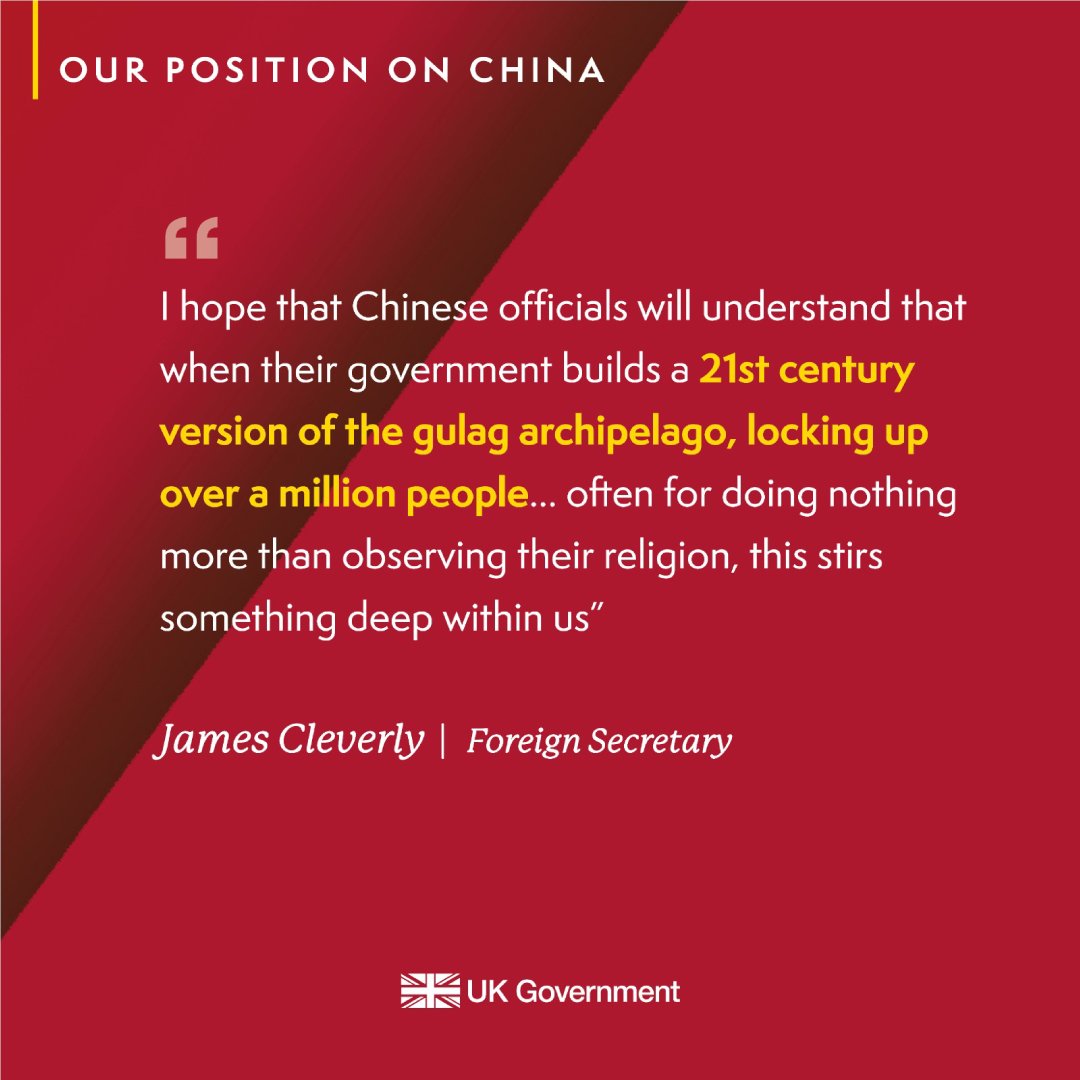 FCDOGovUK's tweet photo. We’re not going to keep quiet when China locks up 1 million Uyghurs in Xinjiang.
We’re always going to defend our values. https://t.co/B16CugnwoJ