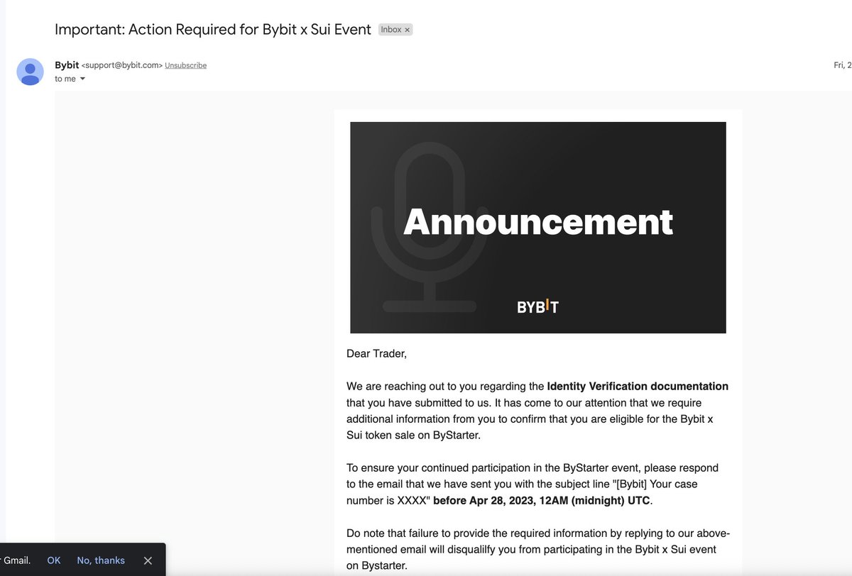 AshokKrGarg's tweet photo. @SuiNetwork - Sorry to say but u have chosen @Bybit_Official as the worst official partner.

I got the attached mail from @Bybit_Official on 21st April &amp; mentioned to reply with the additional docs as stated in mail with the subject line "[Bybit] Your case number is XXXX"
 
🧵1/6 https://t.co/Ue0RYi4AvD