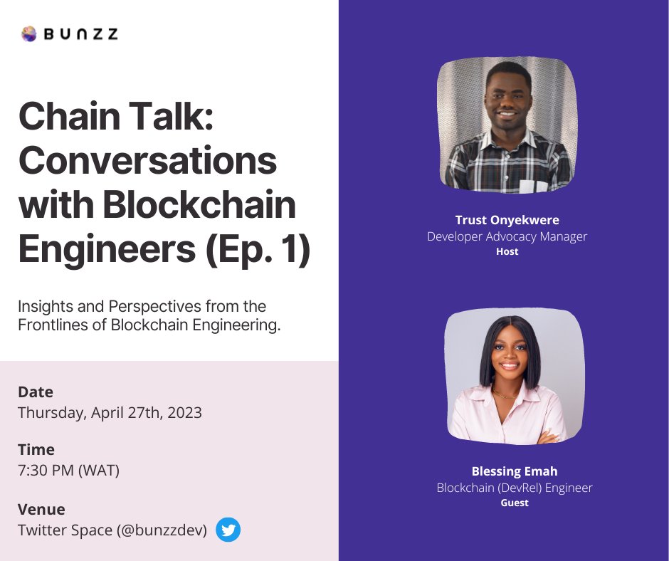 BunzzDev's tweet photo. 📢 Join us tomorrow at 7:30 PM (WAT) for an exciting episode of #ChainTalk with @Theblessingemah, a blockchain engineer!

👨‍💻 Get insights and perspectives from the best in the industry.

🔗 Join the Twitter Space here: https://t.co/UemPVuuXAf 

#Blockchain https://t.co/Ol4QeUDs4f