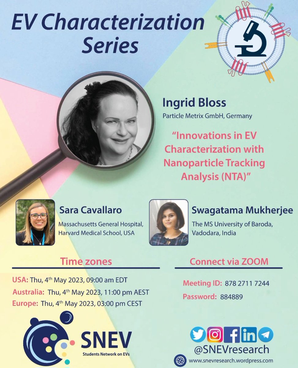 Our next talk in our EV characterisation series is coming up! Join us on May 4th to learn about innovations in EV characterisation with NTA! #SNEV