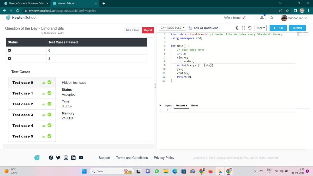 Subhankar938's tweet image. #day_12_of_101_days_of_code
Problem Name - Cirno and Bits
#nsdiscord #codewithns #101daysofcodens
Language-C++
referral link:- my.newtonschool.co/register/certi…