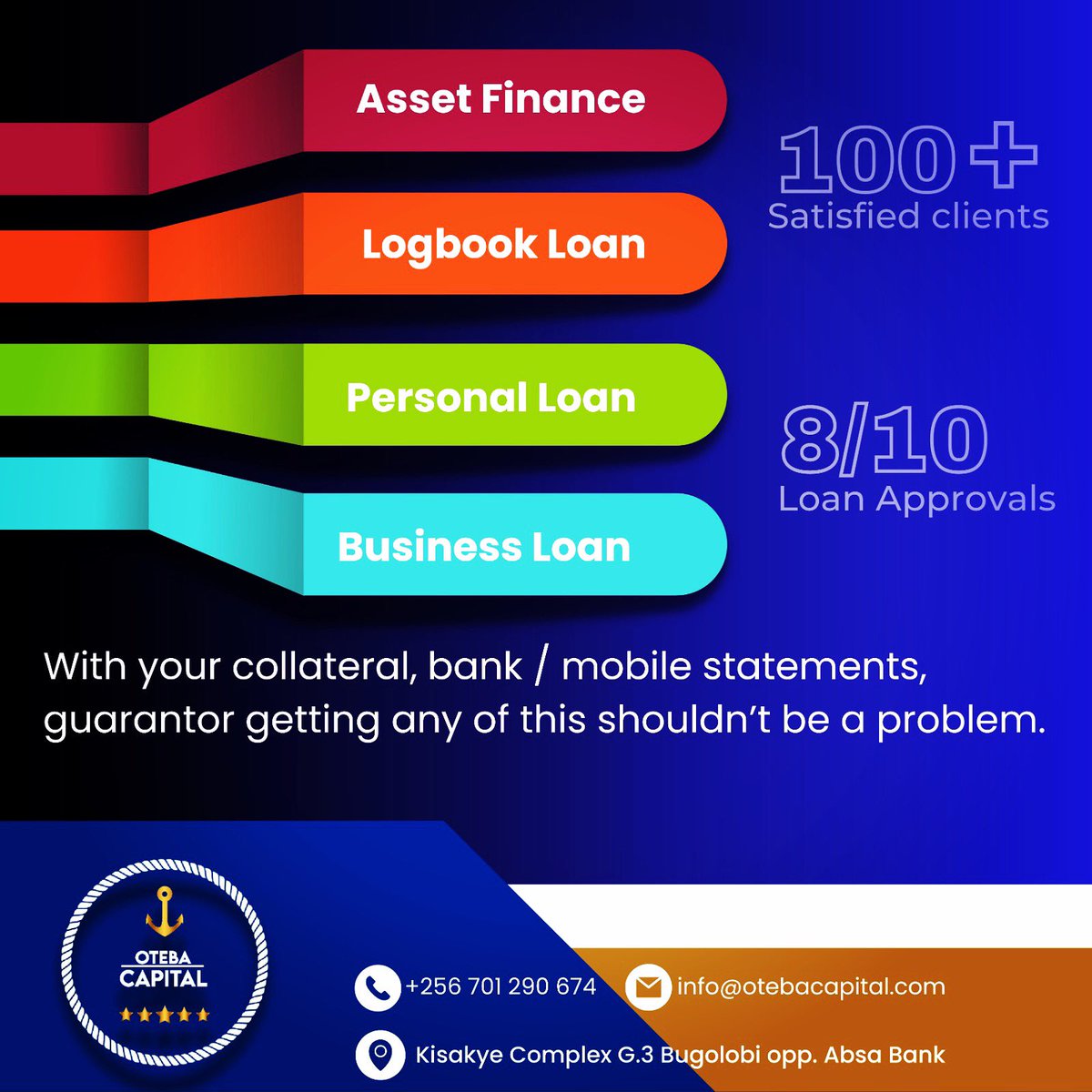 OtebaCapital's tweet photo. #factwednesday. With collateral, bank statements, guarantor. Any of these has you qualified.. #otebacapital #yourfinancialanchor #comegetaheadstart #gotosolution https://t.co/1McupgPDII