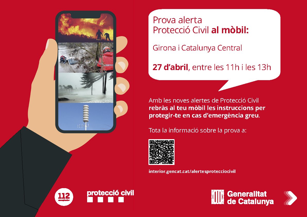 emergenciescat's tweet photo. 🔴 Demà dijous 27 d'abril, a partir de les 11 hores, sonaran les #alertesmobils de #ProteccioCivil a Girona i la Catalunya Central 🔴 

Si tens dubtes sobre la prova, com configurar el telèfon, etc, entra a la web 👇
https://t.co/9pcGH95u2x https://t.co/hue2CAf4bZ