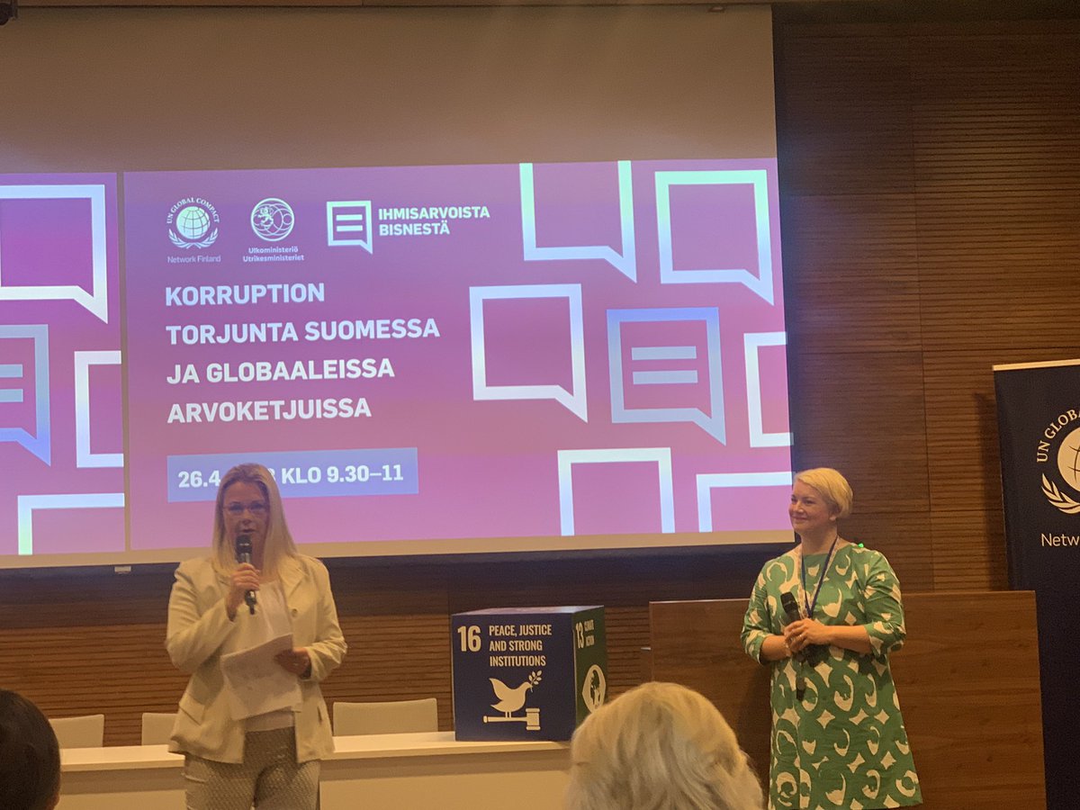 HelenaKK0's tweet photo. @globalcompactFi tärkeän aiheen parissa tänään: Korruption torjunta Suomessa ja globaaleissa arvoketjuissa. @Marja_I ja Linda Piirto ulkoministeriöstä kertovat, miksi pitää toimia. #vastuullisuus #korruptiontorjunta https://t.co/O6Vvj64CXV