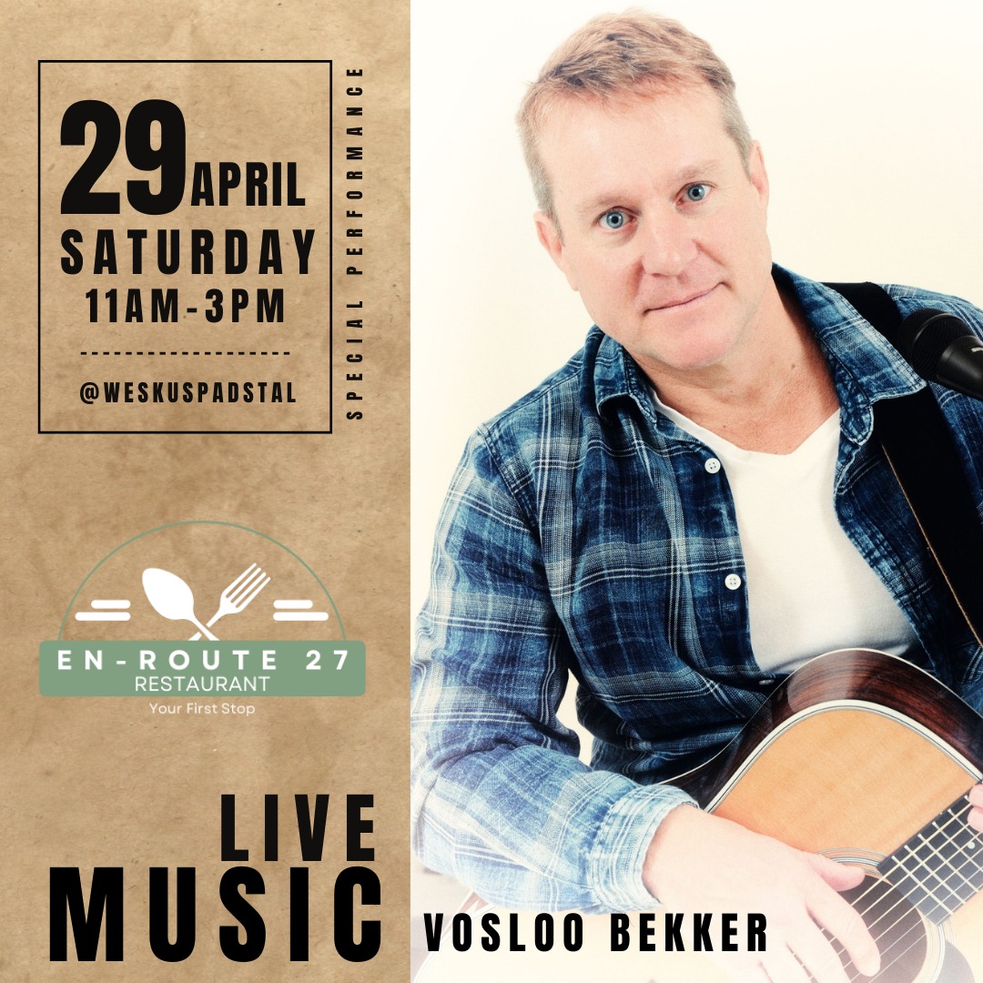 Enroute27's tweet photo. En-Route 27 Restaurant is excited to introduce Vosloo Bekker that will be entertaining our patrons at Weskus Padstal  this Saturday 29 April 2023 from 11am to 3pm.
#enroute27 #livemusicweskus #weskuspadstal #goodfood #goodvibes #fullylicensed #weskusvibes https://t.co/wlHkYsihKJ