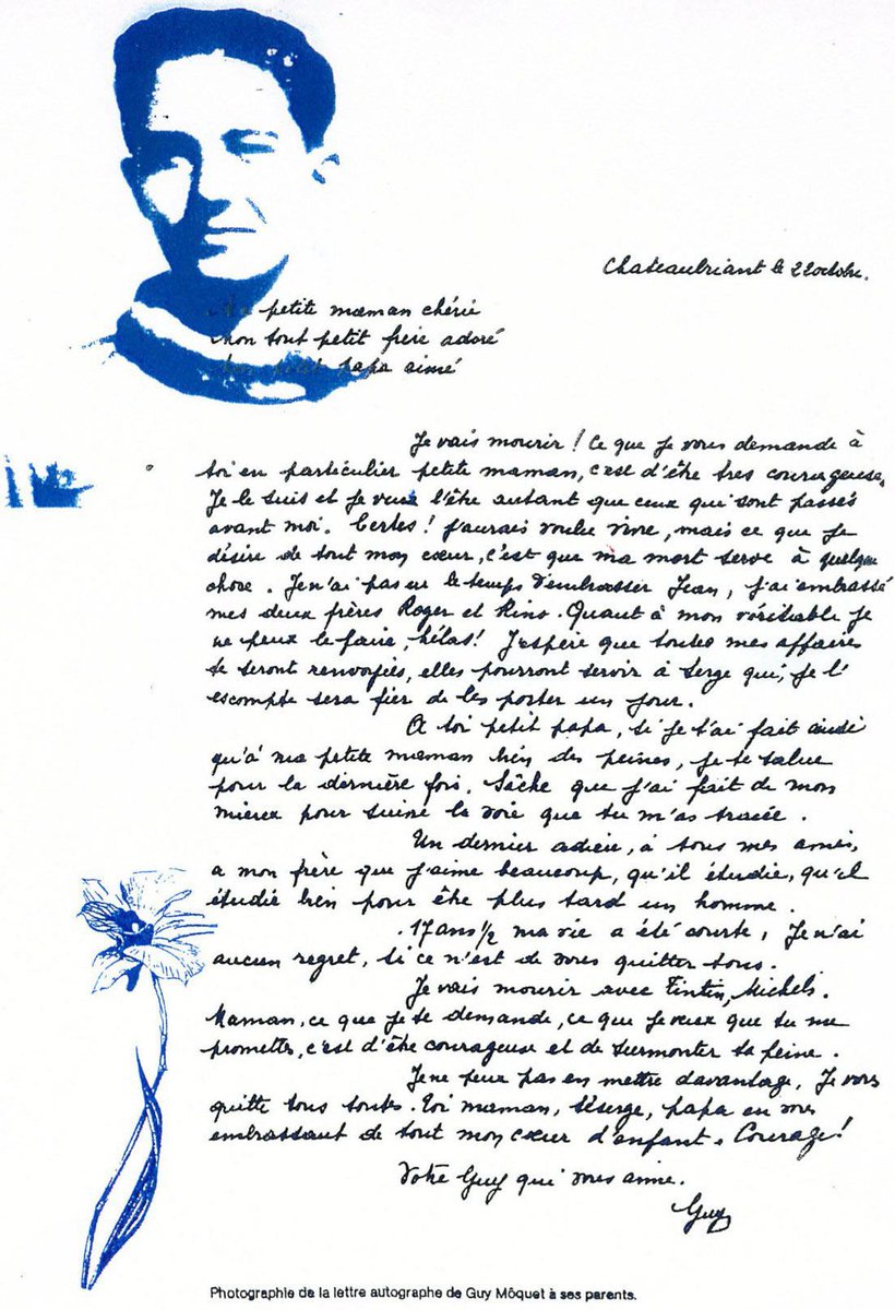 LemeilleurL's tweet photo. #GuyMoquet
Né le 26 avril 1924, fusillé le 22 octobre 1941.
Avant d'être exécuté il écrit une lettre d'adieu à sa famille
A lire ou relire
#DevoirDeMemoire https://t.co/42lcaFsUqB
