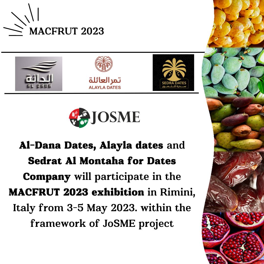 Josmeproject's tweet photo. The Al-Dana Dates, Alayla dates, and Sedrat Al Montaha for Dates will participate in the #MACFRUT 2023 exhibition in Rimini, Italy. This participation is part of the #JoSME project, which aims to enhance the cooperation and interaction between the Jordanian and Italian markets. https://t.co/Pj6ajkP8XG