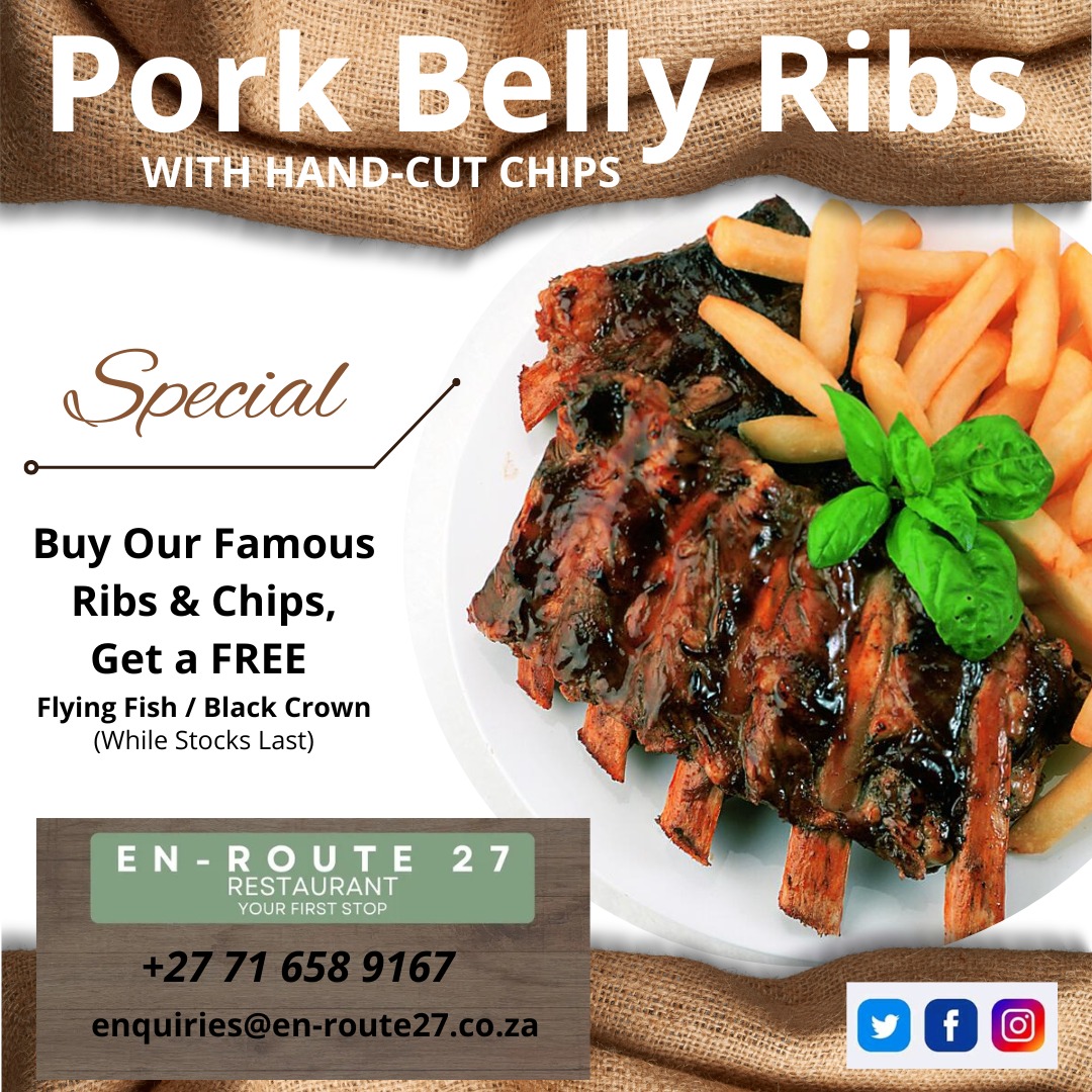 Enroute27's tweet photo. SPECIAL: Buy our famous Pork belly Ribs &amp; Hand-Cut Chips and get a FREE bottle of Flying Fish or Black Crown.
#EnRoute27 #weskuspadstal #special #porkbellyribs #free #flyingfish #blackcrown https://t.co/KcVcKeSELx
