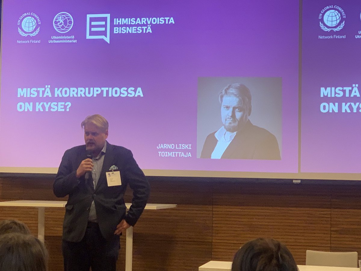 HelenaKK0's tweet photo. On myytti, ettei Suomessa ole korruptiota, vaikka tuomioita on hyvin vähän, sanoo @jliski @globalcompactFi aamussa. #vastuullisuus #korruptiontorjunta https://t.co/69qefLBYHA