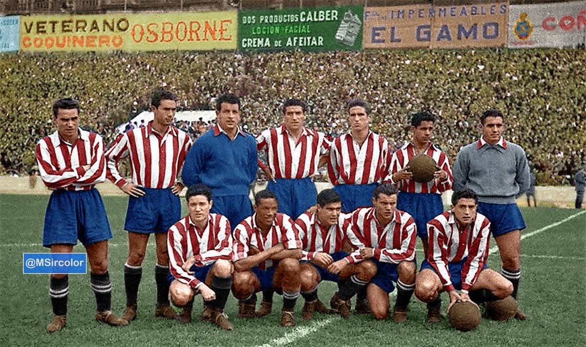 MSircolor's tweet photo. Hoy se cumple 120 años de vida el @Atleti y lo queremos celebrar con esta foto coloreada de un partido en #Atocha 26-10-52 (0-2) (70 años) #Mencía #Mújica #Montes #Tinte #Ciobo #Hernández #Cayetano (PS);;#Juncosa #BenBarek #Escudero #Agustín y #Callejo el Ent. era #HelenioHerrera https://t.co/afmdnEmqw6