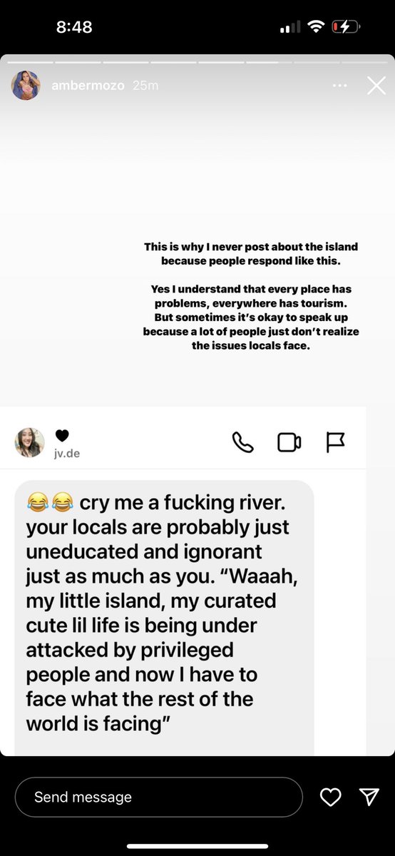 Tamrinsummer's tweet photo. Dude some people are so mean. Amber posted a story for people to stop coming to Hawai’i and look how this girl responded. People are sick and weird for no reason https://t.co/js7dCr3QvC