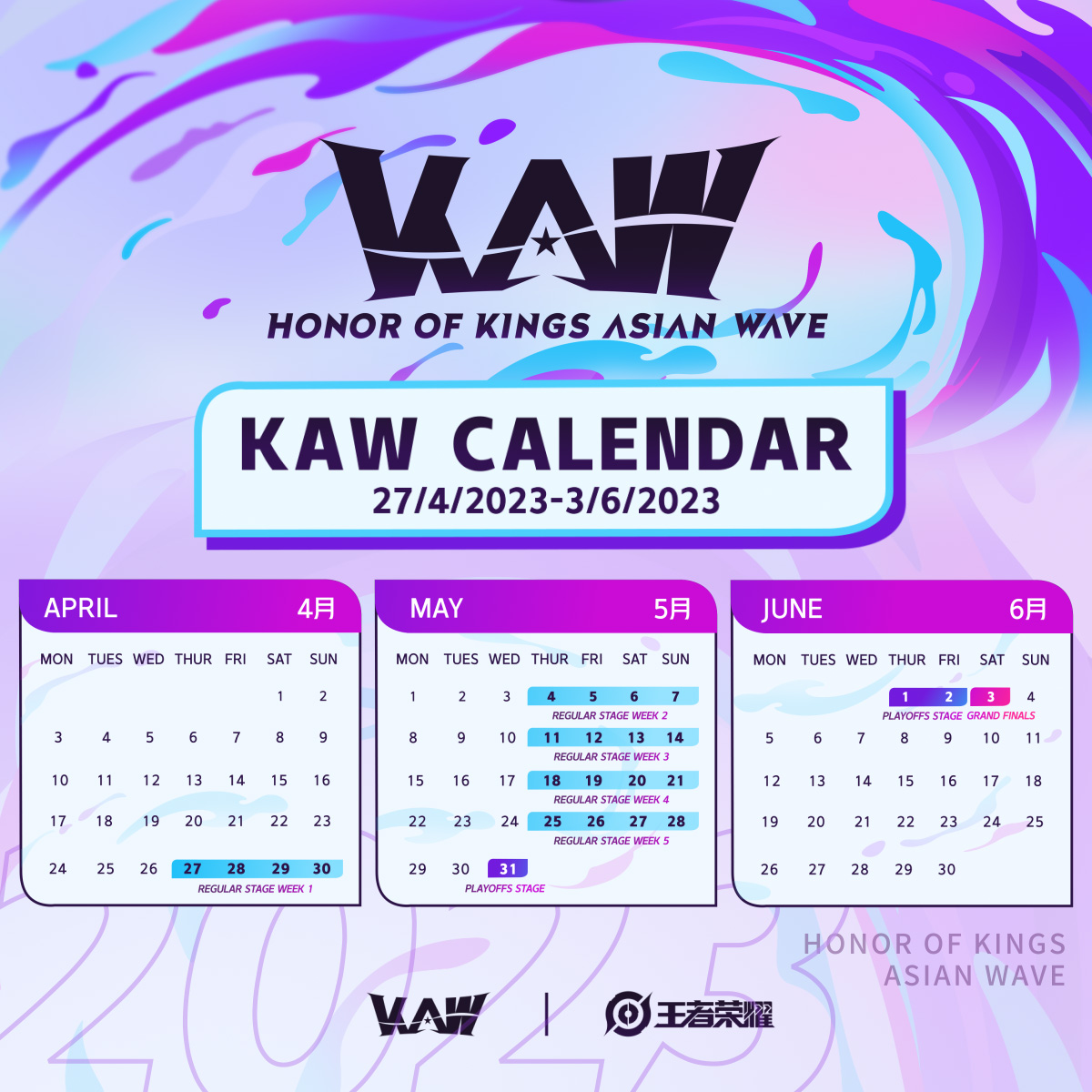 HoKEsports's tweet photo. 👏The highly anticipated Honor of Kings Asian Wave (KAW) Season One is coming on Apr. 27th!  

🥳With 10 teams from across Asia competing in the Canyon, this is a battle you won't want to miss!  

⏰Time: 2023/04/27 18:00 (UTC+8)
📍Format: BO2 double round-robin format https://t.co/6rEF6yuyQ6