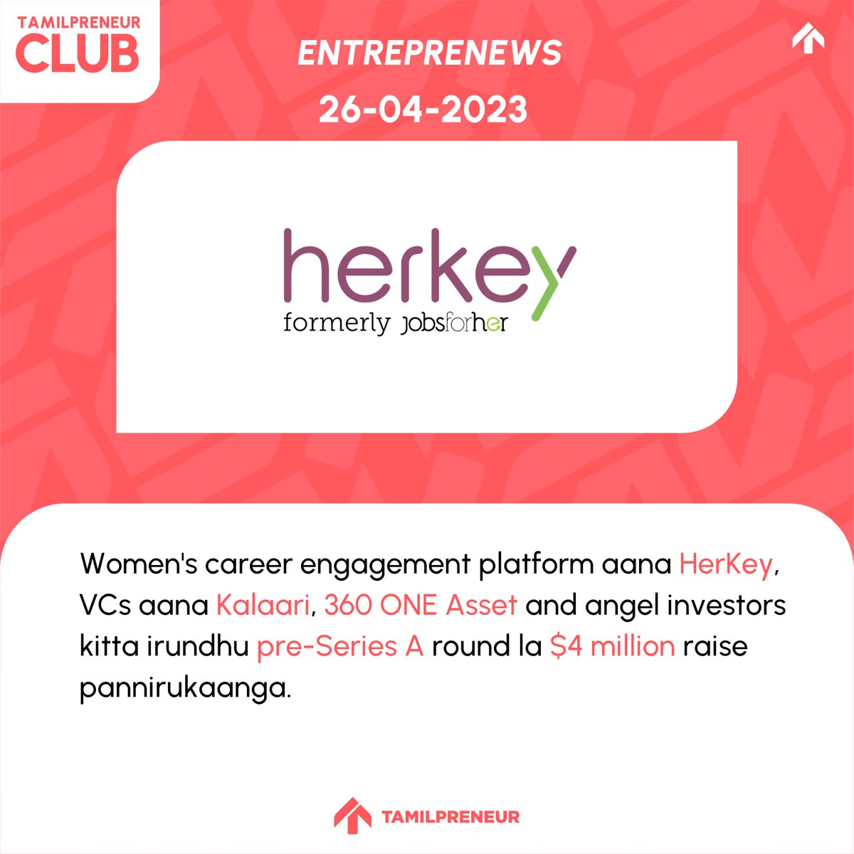 #Entreprenews - April  26 

#tamilpreneur #tamilpreneurclub #Herkey #jobsforher #VC #kalaari #360oneasset #angelinvestor #preseriesA #venturecapitals #funding #startupnews #startuptn #tamilbusinessnews #Indianstartups #entrepreneur