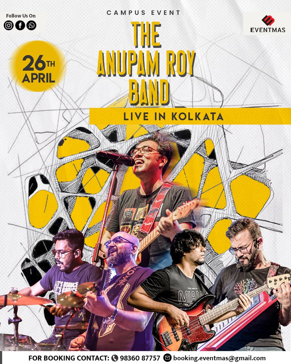 EventmasIndia's tweet photo. Rocking out to the sound of the live music with The @aroyfloyd Band tonight in Kolkata !
.
.
#AnupamRoy #TARB #EventmasExclusive #CampusEvent #TeamEventmas #WeCreateYouCelebrate https://t.co/x1LIwmYDUG