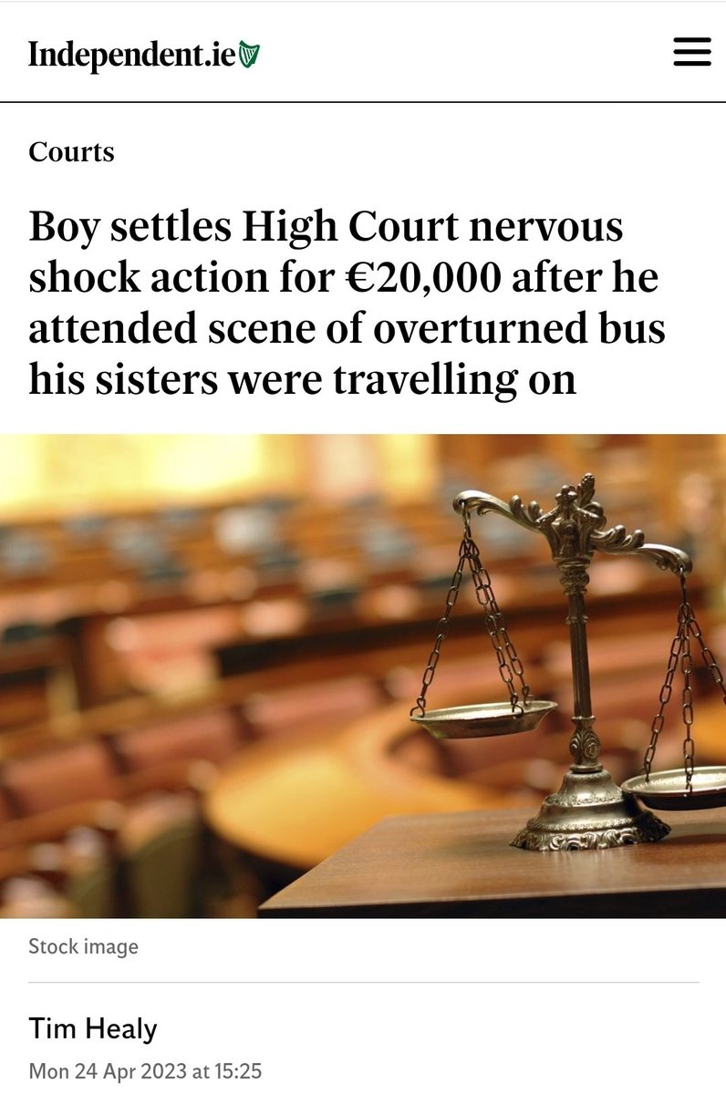 InsuranceRefIre's tweet photo. Boy brought to the scene of a traffic accident by his parents, where the school bus his sisters were travelling on had overturned into a ditch, has settled a High Court nervous shock action for €20,000.

#InsuranceReform 

https://t.co/3H14qQG3C0 https://t.co/ummvowaKNH