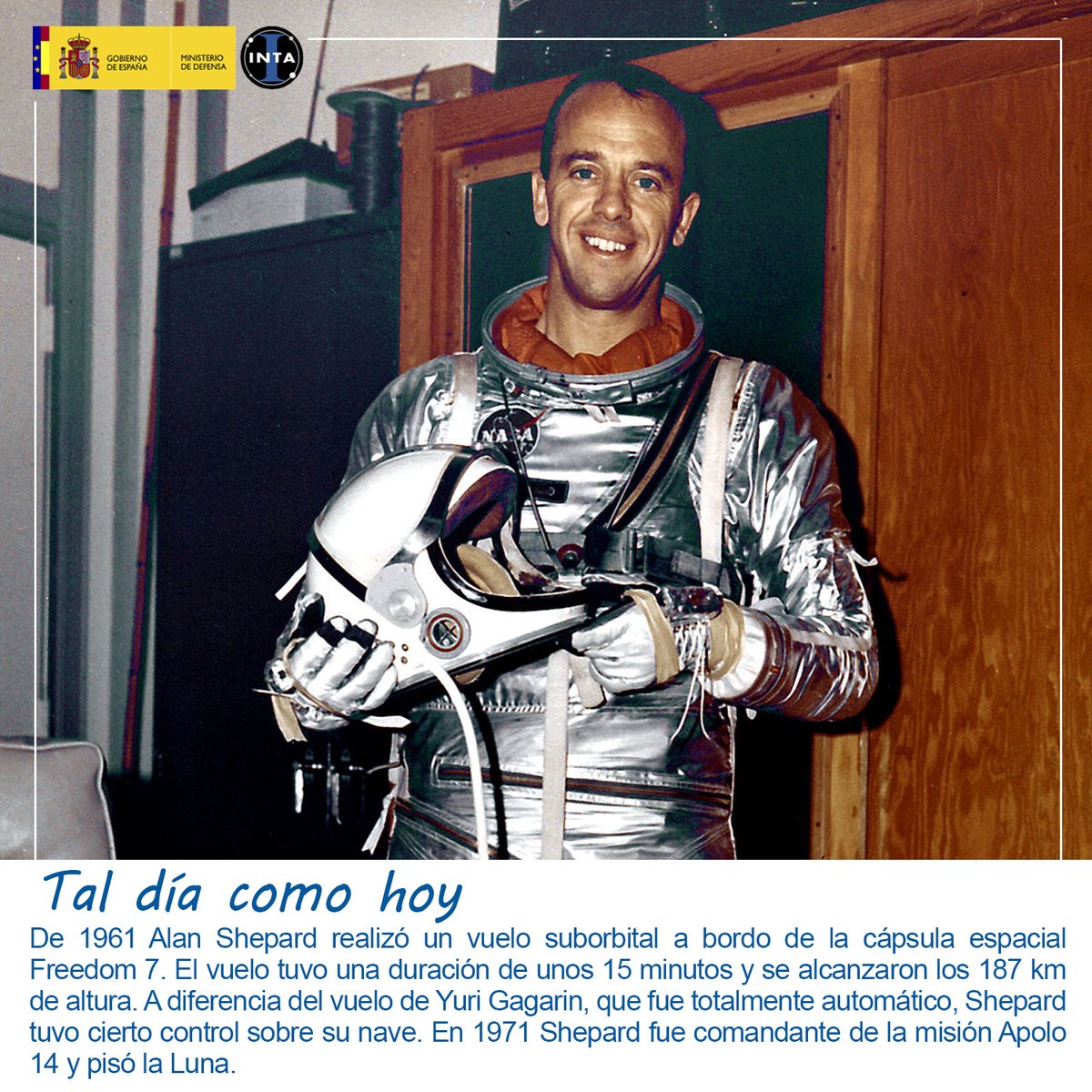 UCC_INTA's tweet photo. #TalDíaComoHoy de 1961 #AlanShepard se convertía en el primer americano en el espacio.
Durante la misión #Apolo14 Shepard protagonizó una curiosa anécdota, ya que fue el primer hombre que jugó al golf en la #Luna. 👨🏻🚀🌕🏌️🏻⛳️
Más info en el blog de @bkrio:⬇️
https://t.co/4hcOBSA0Pf https://t.co/gQNRTVAu9D