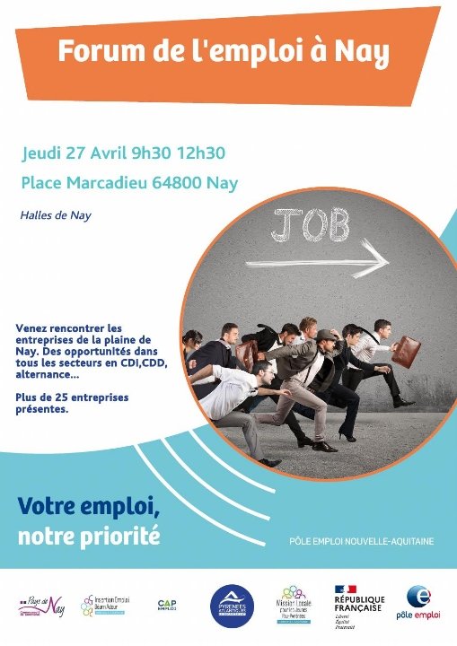 ‼️ J-1  pour le Forum de l'#Emploi du Pays de Nay.
▶️ 30 entreprises présentes et plus de 70 offres proposées demain de 9h30 à 12h30 aux Halles de Nay.
#TousMobilises pour les #recrutements