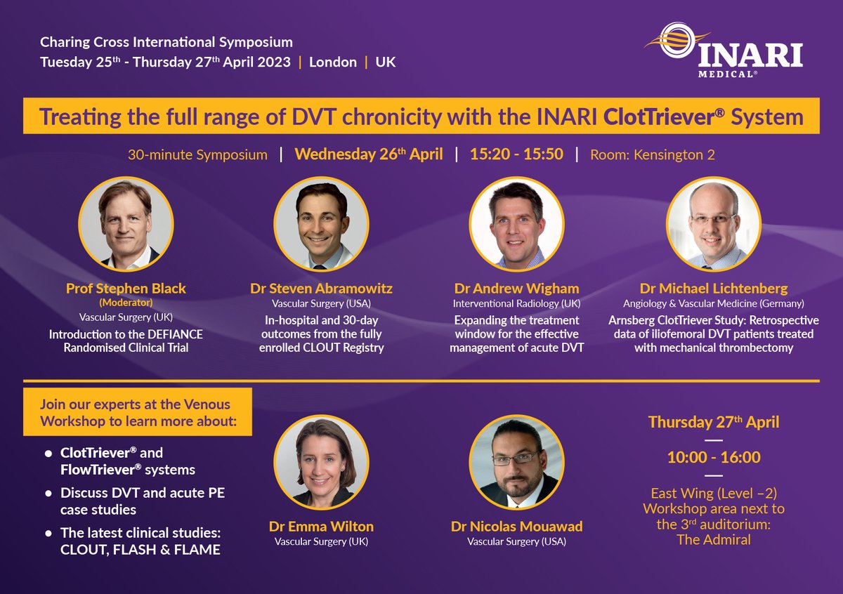 InariMedical's tweet photo. TODAY at #CX2023: Join the discussion on treating the full range of #DVT clot chronicity with the #ClotTriever system. Unable to attend? Stop booth A15 for and the Venous Workshop on 4/27 for the latest updates. https://t.co/UEsmh4LWEZ