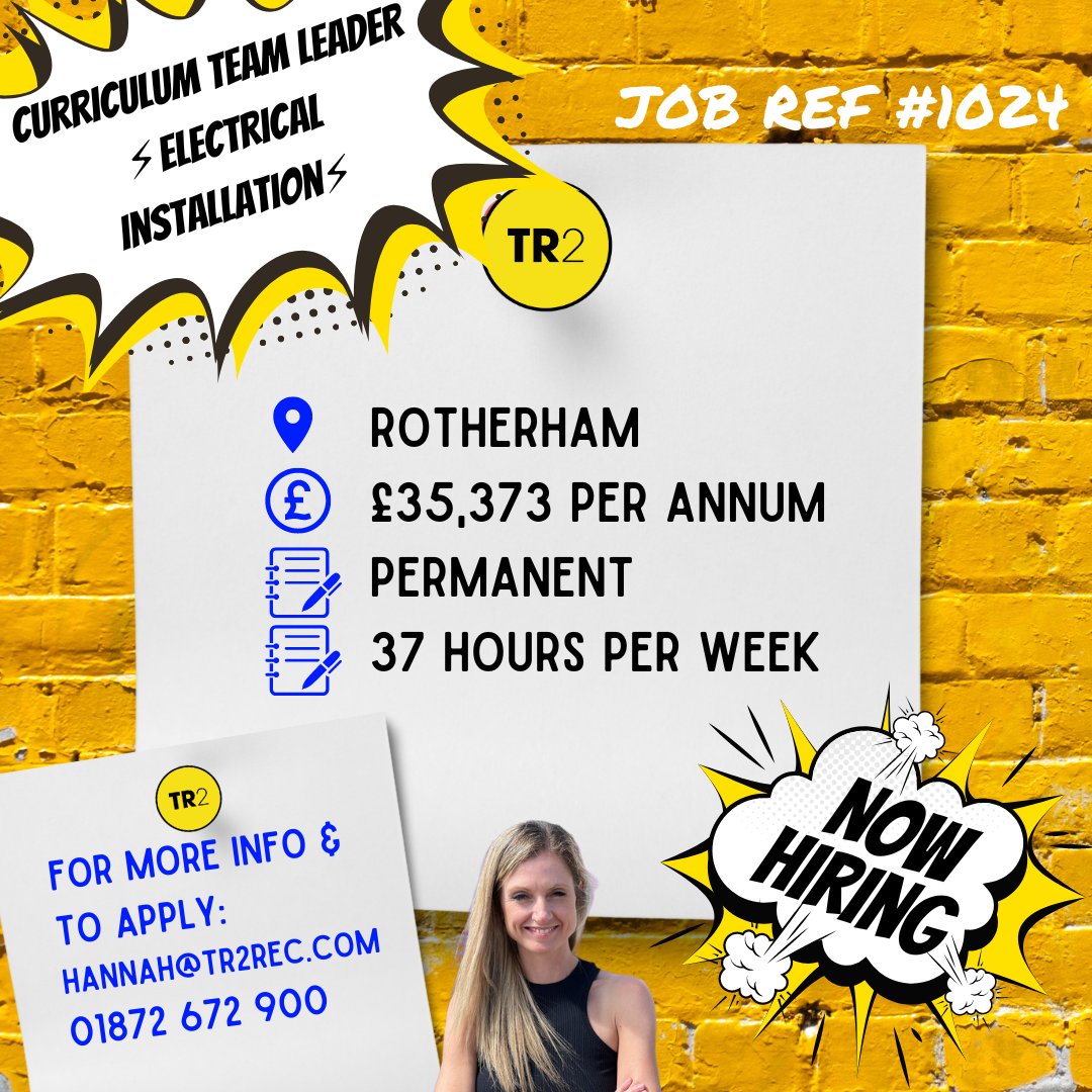 💥 NOW HIRING 💥 
📢 Curriculum Team Leader in Electrical Installation 📢

👀 Caught your attention? Give Hannah a buzz!

E: Hannah@tr2rec.com
T: 01872 672900
 
#TR2Recruitment #JobOpportunity #NowHiring #jobs #teamleader #electricalinstallation