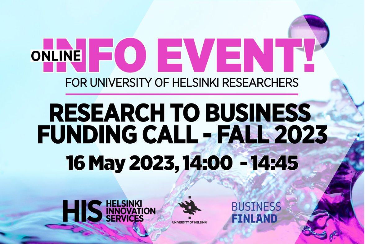 Join us to learn more about #ResearchToBusiness funding, an excellent tool by @BusinessFinland that helps teams to prepare for the commercialisation of science-based inventions. ➡️ZOOM link: flamma.helsinki.fi/s/zIK2r @helsinkiuni @KumpulaScience @LifeSciHelsinki @SocSciHelsinki