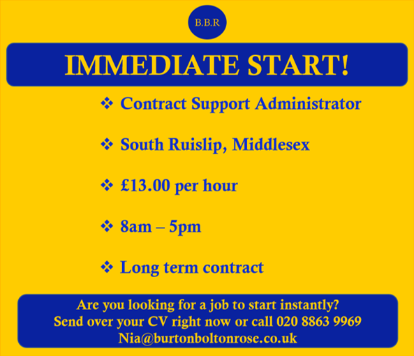 bbr_instantjobs's tweet image. #contractsupportadministrator #contractsupport #administrator #southruislip #ruislip #london #temp #employment #jobsearch #jobhunt #jobopening #hiring #hiringnow #resume #jobs #careers #humanresources #harrow #londonjobs #middlesexjobs #middlesex #life #amazing #cool