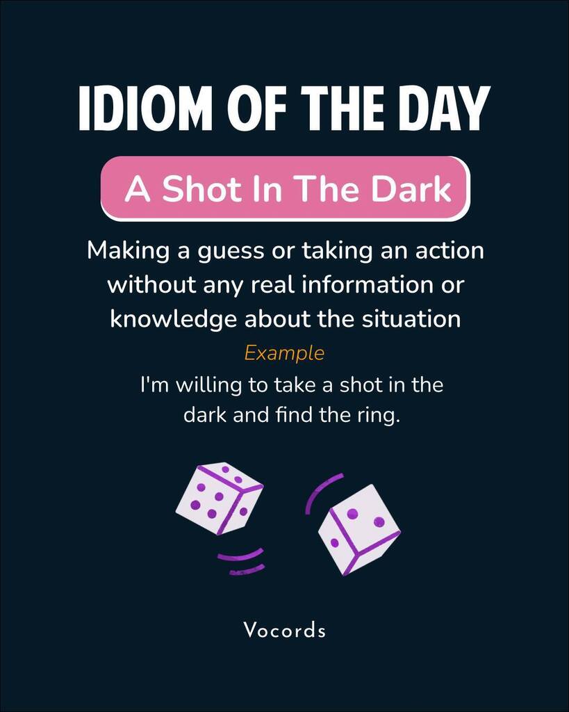 vocords's tweet photo. "A shot in the dark" is an idiom used to describe a situation where one takes a guess or makes an attempt without having much information or knowledge about the matter at hand. It is a risky move, and there is a chance that the guess may be incorrect or … https://t.co/n6D8oiv0jD https://t.co/qfkam4sllZ