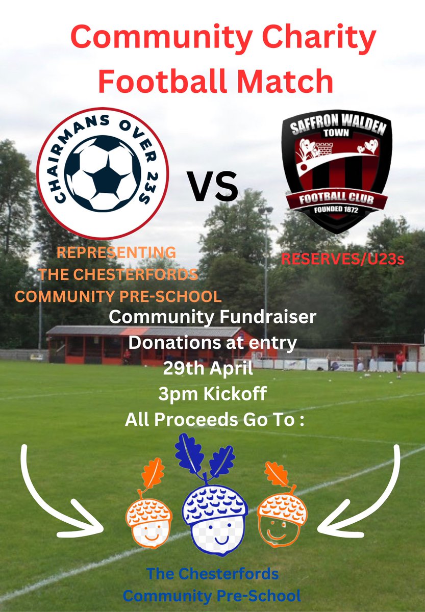 🚨THIS SATURDAY🚨
BT SPORT Crystal Palace v West Ham Utd
12:30 Kickoff 
Then in support of the Great Chesterfords pre school the Chairman’s o23s v Swtfc reserves
3:00 Kickoff. Please support and try to make a donation. ⚽️🍺🍟🍔☀️👧🧒🎨