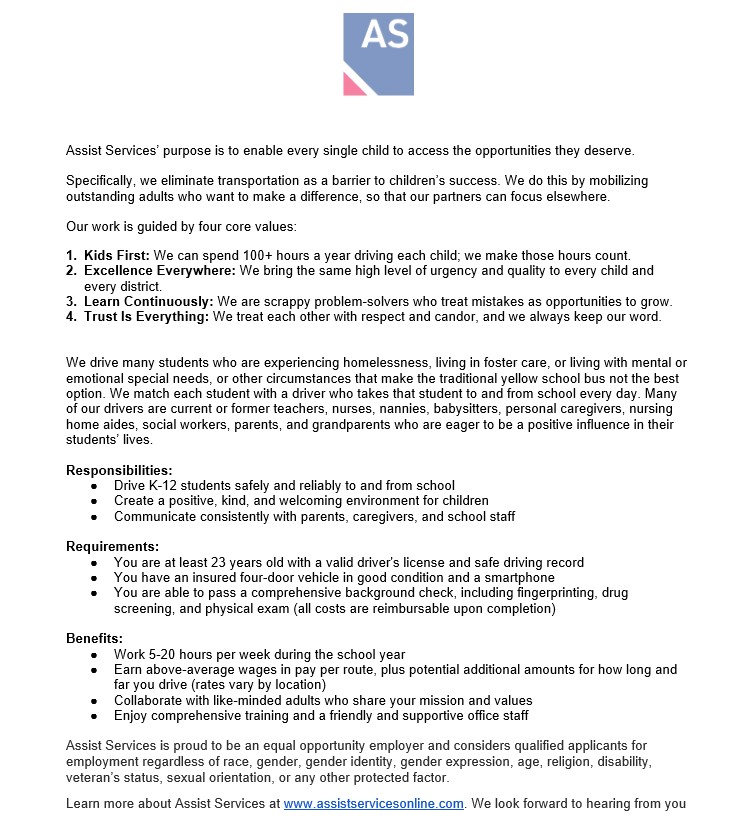 Please see information attached regarding the Assist Services Transportation Program.