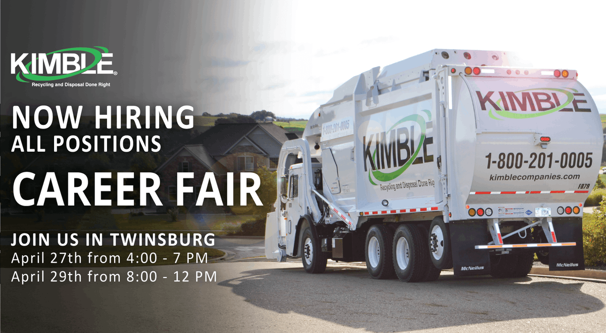 KimbleCompanies's tweet photo. Looking for a new career? Come check out Kimble's Career Fair at our Twinsburg location 8500 Chamberlin Rd, Twinsburg, OH 44087 on Thursday, April 27th from 4-7pm and Saturday, April 29th from 8-12pm. Visit https://t.co/zEyfQDSU9z for more information. https://t.co/DrarHSLiI0