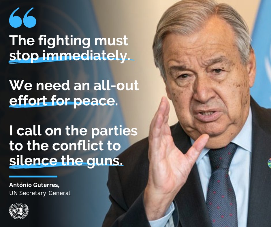 UNGeneva's tweet photo. “The fighting must stop immediately.

We need an all-out effort for peace.

I call on the parties to the conflict to silence the guns.”

– @‌antonioguterres, UN Secretary-General at the Security Council meeting on #Sudan. https://t.co/zTlblYDETf