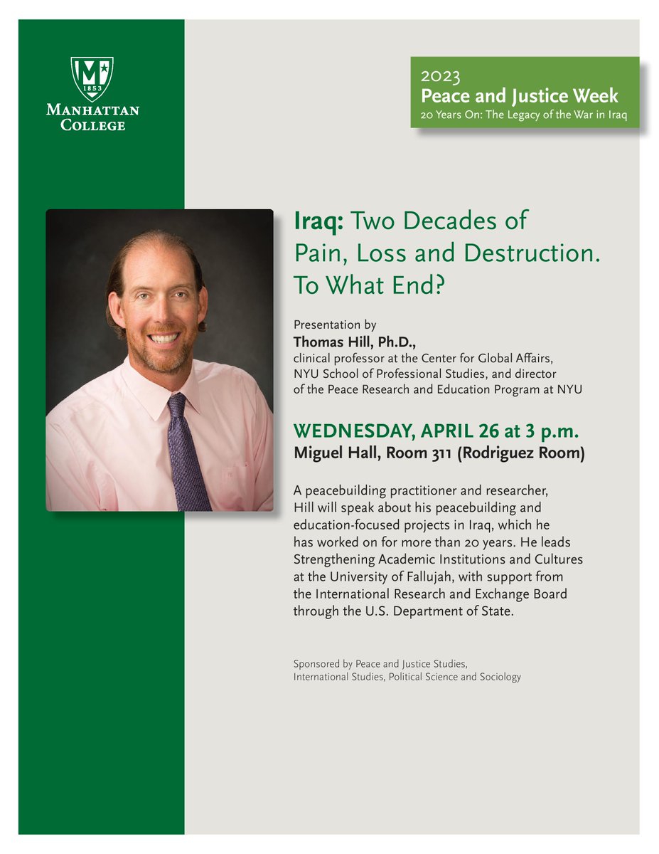 MC Peace Studies (@manhattan_peace) on Twitter photo TODAY, 3pm, MGL 311: Peace and Justice Week 2023 concludes with Dr.
<a href="/ThomasHillPeace/">Thomas Hill</a>
discussing the impact of the war on Iraq on Iraqi civilians - "IRAQ: TWO DECADES OF PAIN, LOSS AND DESTRUCTION. TO WHAT END?" TODAY, 3pm, MGL 311: Peace and Justice Week 2023 concludes with Dr.
<a href="/ThomasHillPeace/">Thomas Hill</a>
discussing the impact of the war on Iraq on Iraqi civilians - "IRAQ: TWO DECADES OF PAIN, LOSS AND DESTRUCTION. TO WHAT END?"