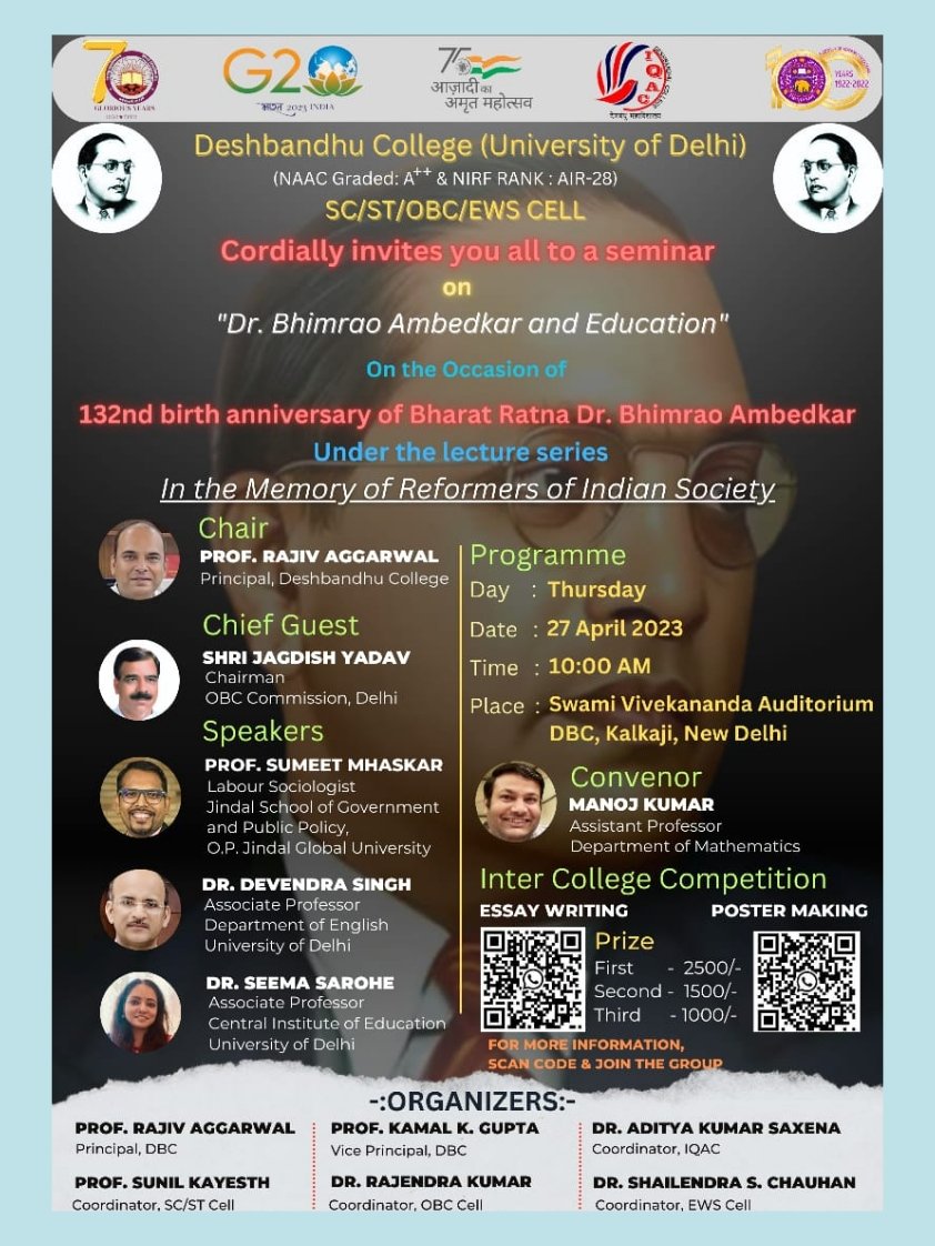 sumeetmhaskar's tweet photo. Tomorrow morning I will be speaking at a seminar on "Dr. B. R. Ambedkar and Education" Organised by Deshbandhu College, Delhi University. 

@DeshbandhuColl1

#AmbedkarJayanti2023
#ambedkarjayanti 
#DalitHistoryMonth 
#anticaste 
#jaibhim https://t.co/pxnJMVXMp2