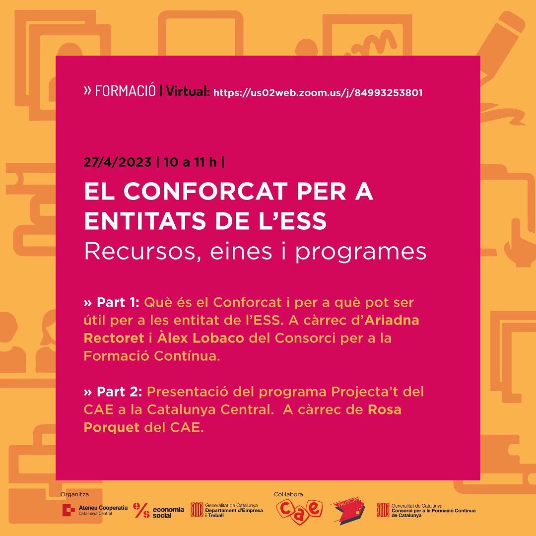 CoopCatCentral's tweet photo. Encara pots inscriure't a la #formació virtual 'El #Conforcat per entitats de l'ESS

És demà de 10 a 11h

👉🏾https://t.co/qm70aOOe38 https://t.co/ciVRPdvDr6
