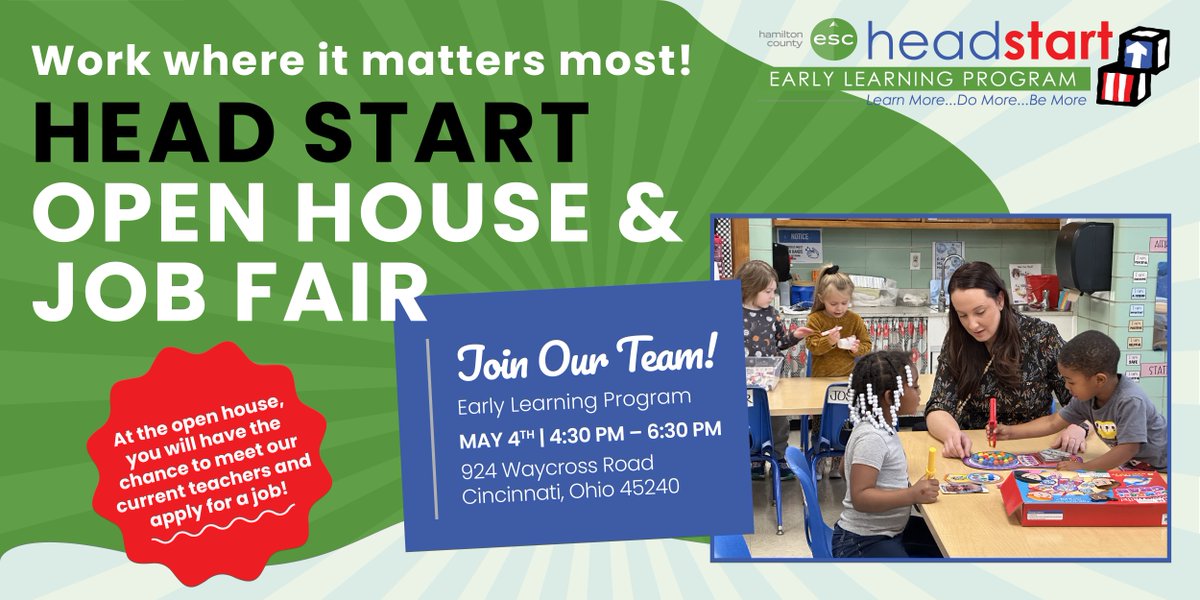 HamiltonCoESC's tweet image. Sharing a job opportunity! We're having a #HeadStart open house &amp;amp; job fair on May 4 | 4:30-6:30p 💚 We're focused on hiring:
👩‍🏫 teachers
🧑‍🏫 assistant teachers
🍎 health/nutrition aides