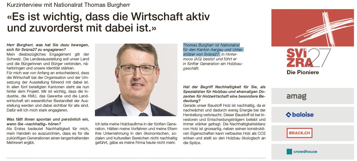Svizra27's tweet photo. «Nachhaltigkeit bedeutet für mich,  mein Handeln so auszurichten, dass es für die zukünftigen Generationen einen langanhaltenden Mehrwert ergibt.» – Thomas Burgherr, Nationalrat Kanton Aargau
#Landesausstellung2027 #Svizra27 #MenschArbeitZusammenhalt #Landesausstellung #arbeit https://t.co/bmj2lHYZjk