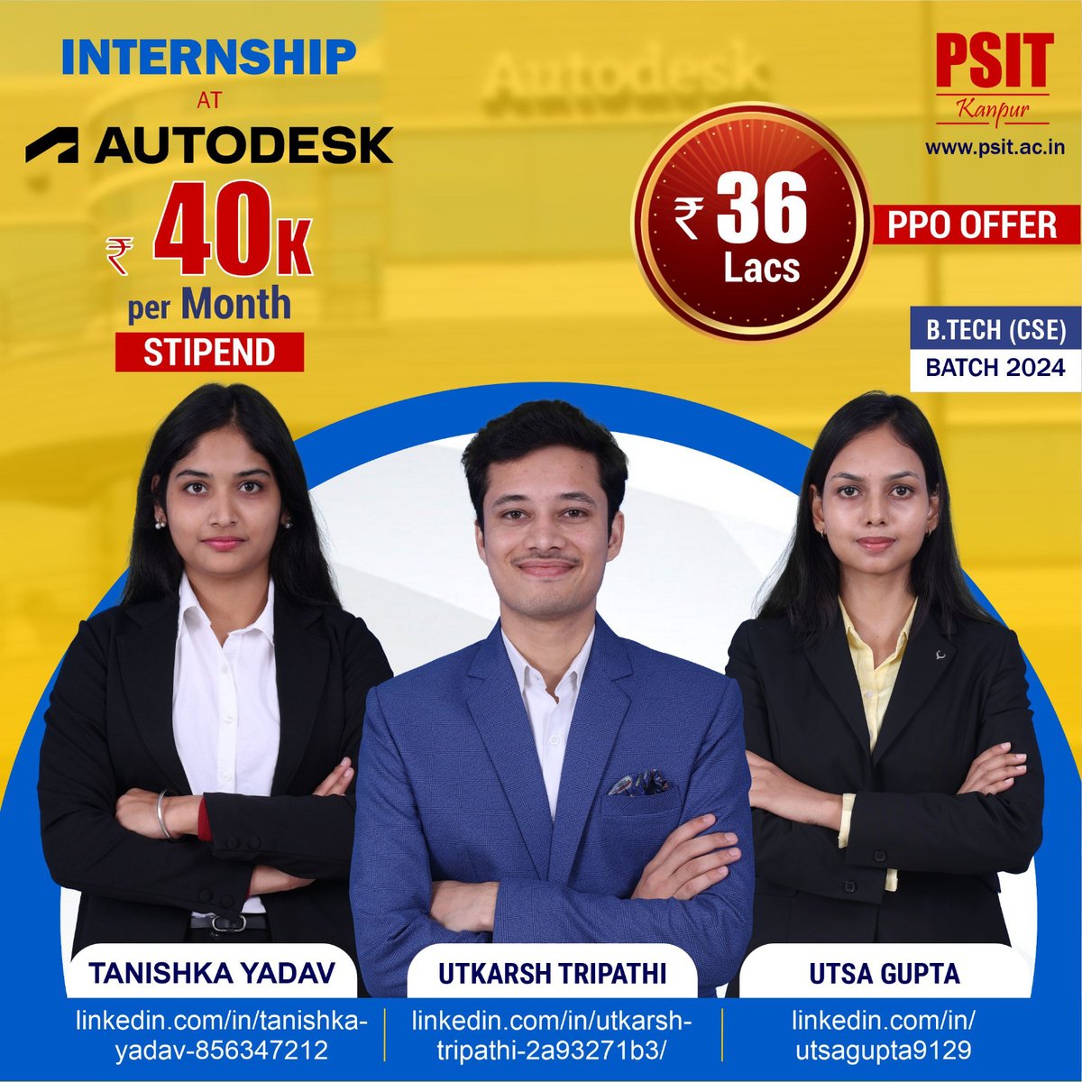 PSITKanpur2004's tweet photo. #PsitInternships
 #PsitKanpur is thrilled to congratulate three of its talented students for securing an amazing internship at Autodesk.

 #AKTU #best_engineering_college #Btec  #Highpackage #success #job #students #internship #batch2024 #internshipopportunity #Autodesk https://t.co/b1mG0OTxy1