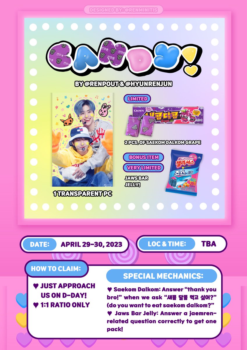 renpout's tweet photo. 🍭 — CANDY! 

a jaemren / renmin freebie giveaway by @renpout &amp; @hyunrenjun (pt. 1) 💛

🍬 rts &amp; likes are not required but appreciated <3 will also be updating our loc in this thread!
🍬 special mechanics for the limited candy can be seen in pic 😁

#THEDREAMSHOW2_in_MANILA https://t.co/WC81dtLHWW