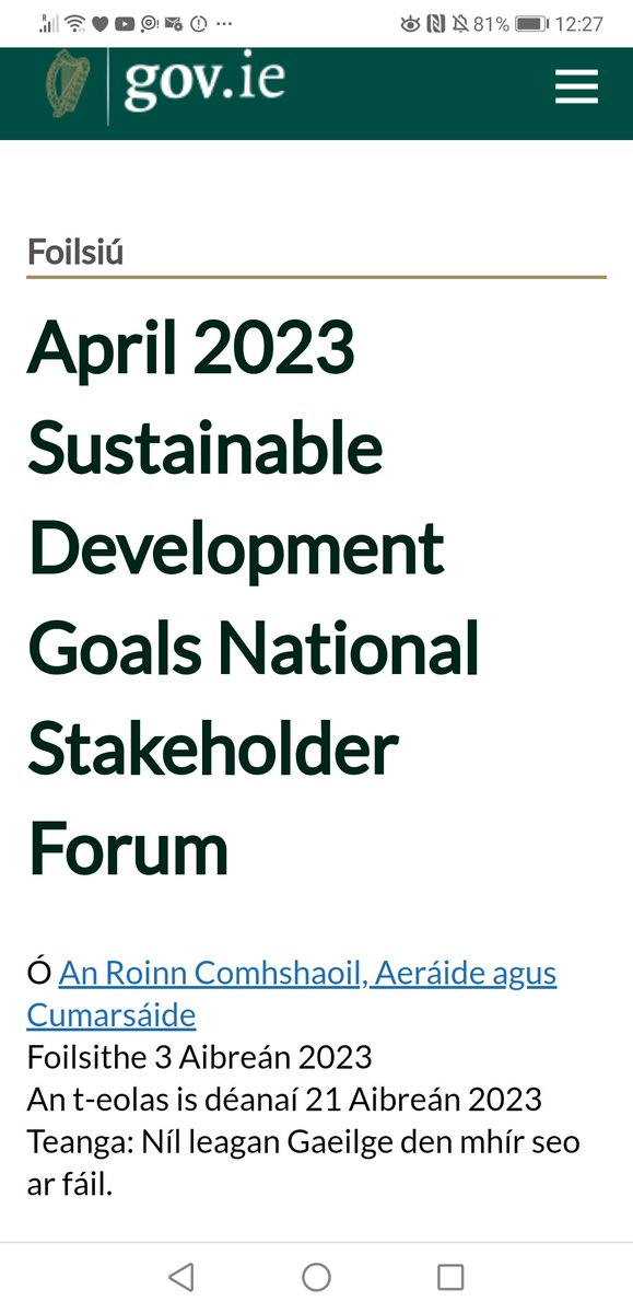 pfeeney2016's tweet image. Gearán
An Roinn na Gaeltachta
#AnRoinnNaGaeltachta
@DeptCulturelRL👎
An Roinn Comhshaoil
Aeráide &amp;amp; Cumarsáide 

Foilsithe 3 Aibreán 2023

An t-eolas is déanaí
21-4-2023

#Teanga
Níl leagan Gaeilge GA
den mhír seo ar fáil
@Dept_ECC👎
-
@CnaG @rte
@NuachtRTE
@UdarasnaG
@LGMAIreland