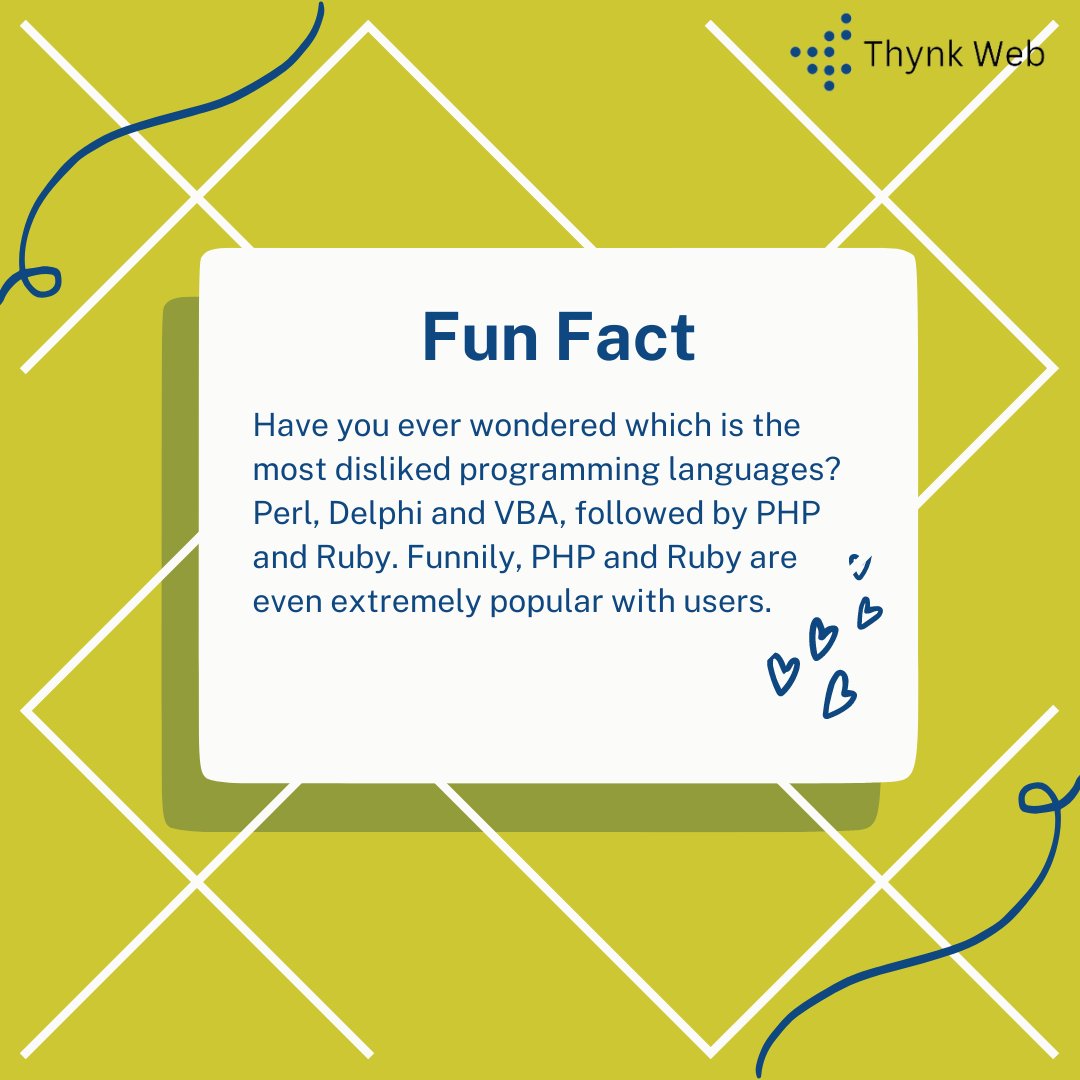 According to many online studies, the most disliked programming languages are Perl, Delphi, and VBA, followed by PHP, Objective-C, Coffeescript, and Ruby.

#funfact #thynkweb #abilitytothink #codingworld #softwaredeveloper