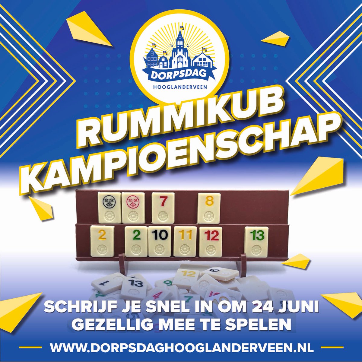 Schrijf je nu in voor het 3e Rummikub Kampioenschap tijdens de Dorpsdag in Hooglanderveen op 24 juni!

Inschrijven kan eenvoudig via de button op dorpsdaghooglanderveen.nl/#activiteiten #rummikub #kampioenschap