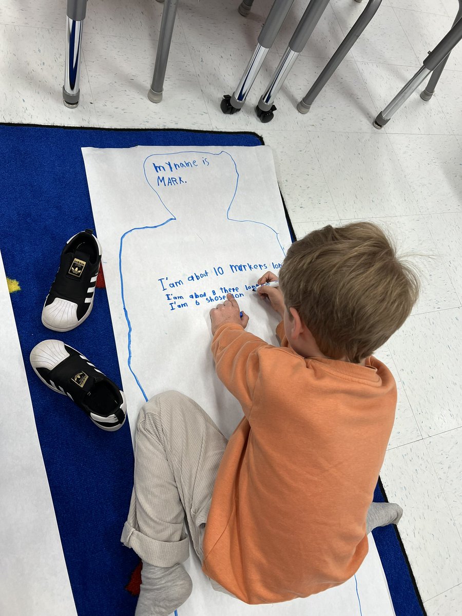 MissBokum's tweet photo. Students worked in partners to trace each other then measured themselves with things around the room! https://t.co/l6r8iCnEj1