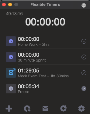faffyman's tweet photo. @georgemoore What About Flexible Timers (might be mac only)
Pretty simplistic - lets you set up multiple repeatable timers.

I've used it for keeping me on track when doing presentations. https://t.co/DlwdGfYsDT