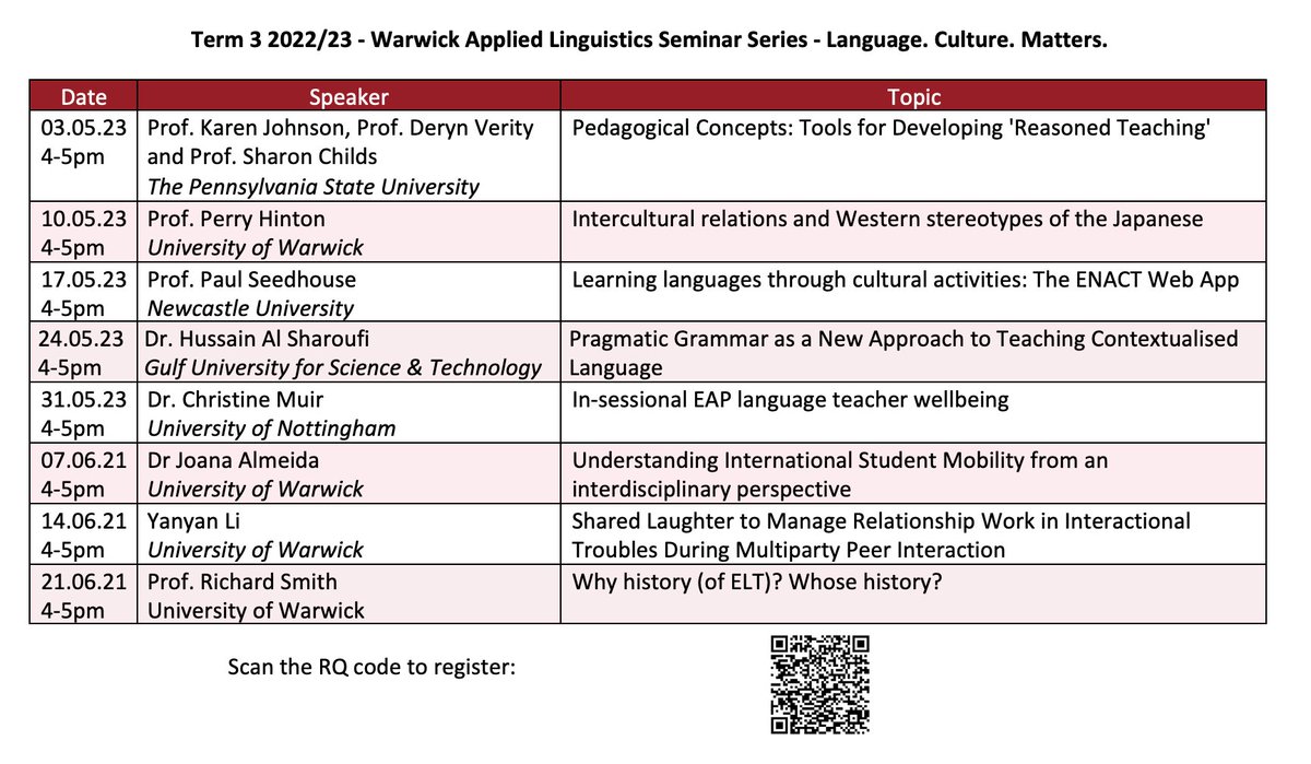 📢 Welcome back! We are delighted to announce our Term 3 22/23 schedule for our Applied Linguistics Language. Culture. Matters. Seminar Series. 

Register here: bit.ly/41pSulz
#AppliedLinguisticsseminar
<a href="/Warwick_SocSci/">Warwick Soc Sci</a> <a href="/warwicknewsroom/">Warwick Newsroom</a>