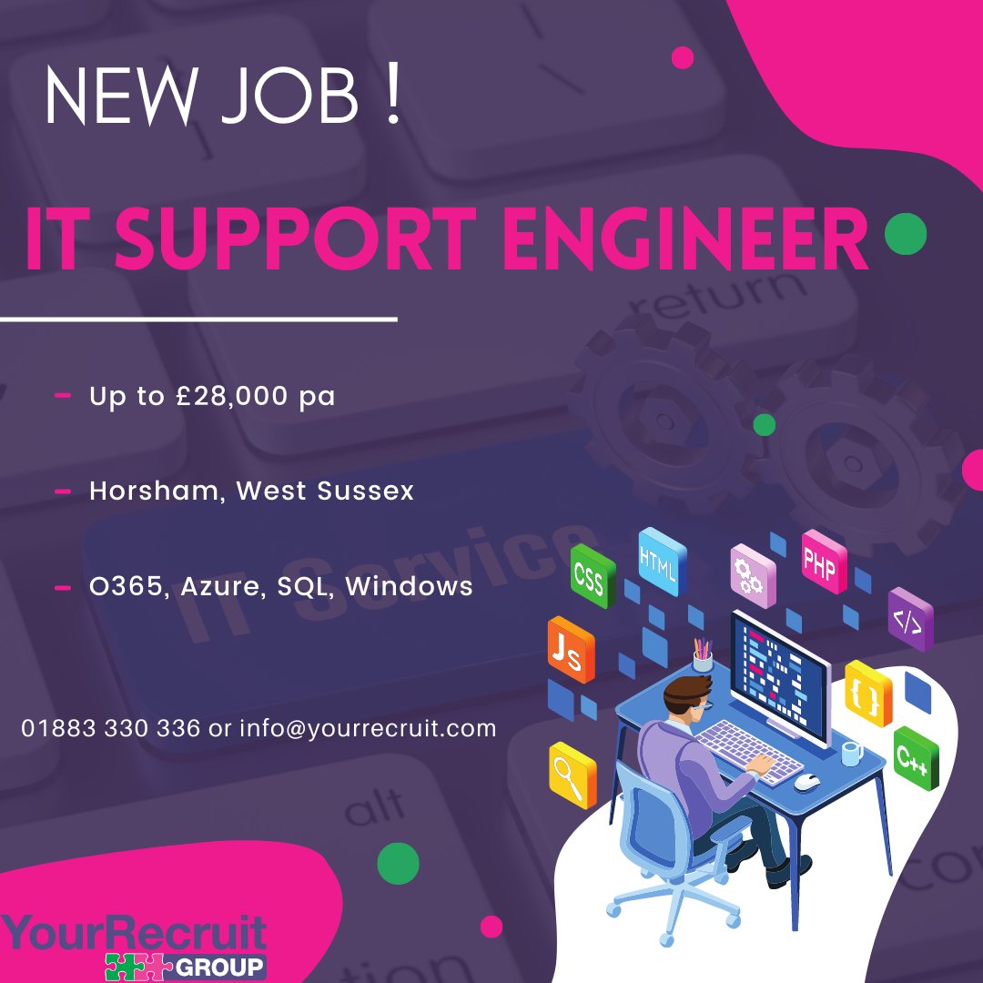 **URGENT VACANCY**

If this is something of interest, please do get in touch with us today! 01883 330 336 or info@yourrecruit.com📷

#nowhiring #recruiting #hotnewjob #techjobs #sussexjobs