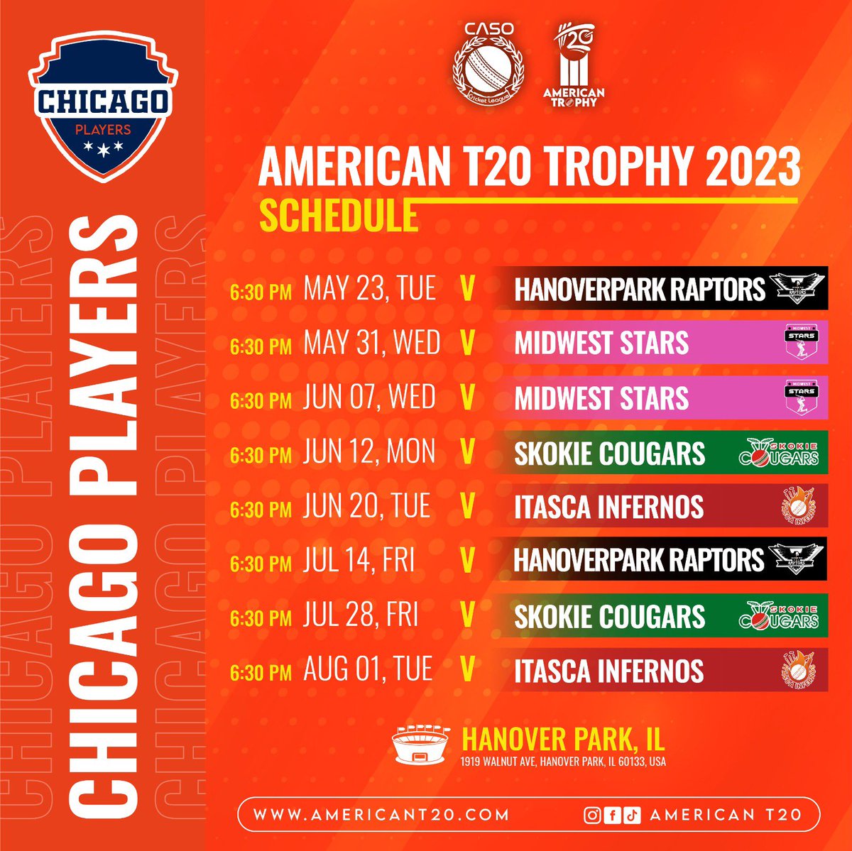AmericanT20's tweet photo. Follow your team @Chicago_Players 

#SkokieCougars || #ItascaInfernos || #ChicagoPlayersClub || #HanoverParkRaptors || #MidwestStars

#AmericanT20 #TeamCASO #ChicagoCricket #USACricket #MidwestCricket #AT20 #CASOCricketLeague https://t.co/2W7sn1P8Tk